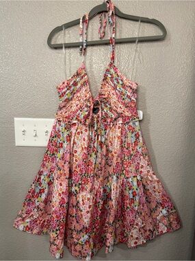 NWT Angie Floral Halter Mini Dress Smocked Tiered Boho Cottagecore Vacation